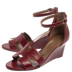 Pre Owned Hermes Burgundy Leather Legend Ankle Strap Wedge Sandals Size 36.5