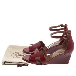 Pre Owned Hermes Burgundy Leather Legend Ankle Strap Wedge Sandals Size 36.5