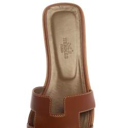 Pre Owned Hermes Brown Leather Oran Flat Slides Size 37.5