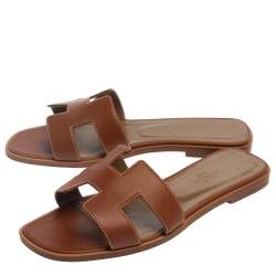 Pre Owned Hermes Brown Leather Oran Flat Slides Size 37.5