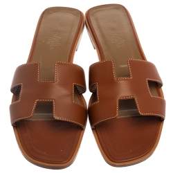 Pre Owned Hermes Brown Leather Oran Flat Slides Size 37.5