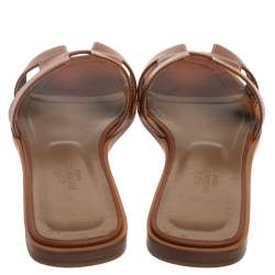 Pre Owned Hermes Brown Leather Oran Flat Slides Size 37.5