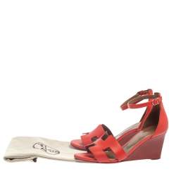 Hermes Red Leather Legend Ankle Strap Wedge Sandals Size 37