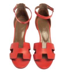 Hermes Red Leather Legend Ankle Strap Wedge Sandals Size 37