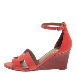 Hermes Red Leather Legend Ankle Strap Wedge Sandals Size 37