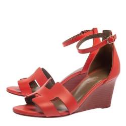 Hermes Red Leather Legend Ankle Strap Wedge Sandals Size 37