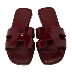 Pre Owned Hermes Burgundy Patent Leather Oran Flats Size 39