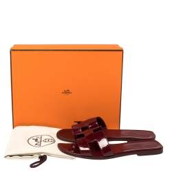 Pre Owned Hermes Burgundy Patent Leather Oran Flats Size 39