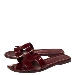 Pre Owned Hermes Burgundy Patent Leather Oran Flats Size 39