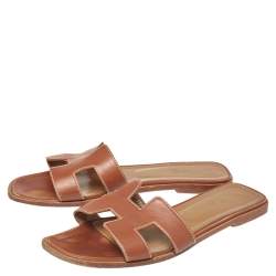 Pre Owned Hermes Tan Leather Oran Sandals Size 39.5