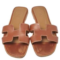 Pre Owned Hermes Tan Leather Oran Sandals Size 39.5