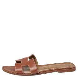 Pre Owned Hermes Tan Leather Oran Sandals Size 39.5