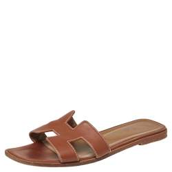 Pre Owned Hermes Tan Leather Oran Sandals Size 39.5