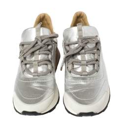 Pre Owned Hermes Silver Leather and Suede Trail Low Top Sneakers Size 38.5