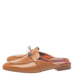 Pre Owned Hermes Brown Leather Palladium Plated Oz Flat Mules Size 37.5