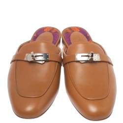 Pre Owned Hermes Brown Leather Palladium Plated Oz Flat Mules Size 37.5