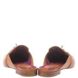 Pre Owned Hermes Brown Leather Palladium Plated Oz Flat Mules Size 37.5