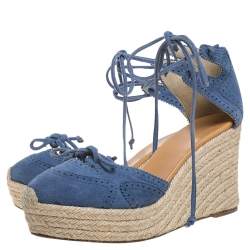 Hermes Blue Suede Espadrille Wedge  Platform Sandals Size 38