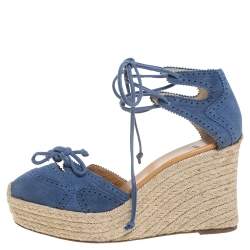Hermes Blue Suede Espadrille Wedge  Platform Sandals Size 38