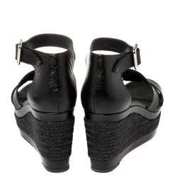 Pre Owned Hermes Black Textured Leather Ilana Espadrille Wedge Sandals Size 39