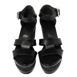 Pre Owned Hermes Black Textured Leather Ilana Espadrille Wedge Sandals Size 39