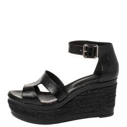Pre Owned Hermes Black Textured Leather Ilana Espadrille Wedge Sandals Size 39