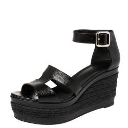Pre Owned Hermes Black Textured Leather Ilana Espadrille Wedge Sandals Size 39