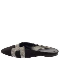 مملوكة مسبقًا Hermes Black Suede Roxanne Flat Mules Size 37