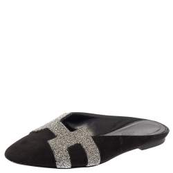 مملوكة مسبقًا Hermes Black Suede Roxanne Flat Mules Size 37