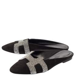 مملوكة مسبقًا Hermes Black Suede Roxanne Flat Mules Size 37