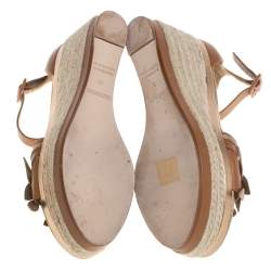 Pre Owned Hermes Brown/Metallic Bronze Leather Leaf Detail Mambo Platform Espadrilles Size 39