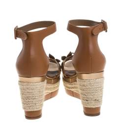 Pre Owned Hermes Brown/Metallic Bronze Leather Leaf Detail Mambo Platform Espadrilles Size 39