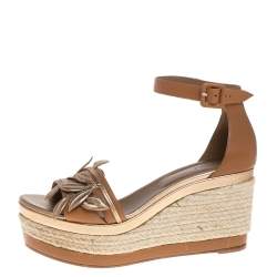 Pre Owned Hermes Brown/Metallic Bronze Leather Leaf Detail Mambo Platform Espadrilles Size 39