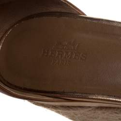 Pre Owned Hermes Brown/Metallic Bronze Leather Leaf Detail Mambo Platform Espadrilles Size 39