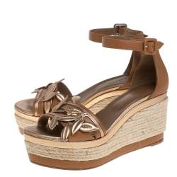 Pre Owned Hermes Brown/Metallic Bronze Leather Leaf Detail Mambo Platform Espadrilles Size 39