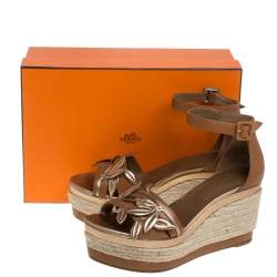 Pre Owned Hermes Brown/Metallic Bronze Leather Leaf Detail Mambo Platform Espadrilles Size 39