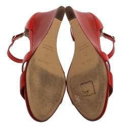 Pre Owned Hermes Red Leather Legend Ankle Strap Wedge Sandals Size 37