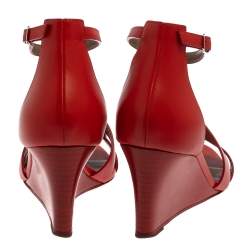 Pre Owned Hermes Red Leather Legend Ankle Strap Wedge Sandals Size 37