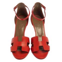 Pre Owned Hermes Red Leather Legend Ankle Strap Wedge Sandals Size 37