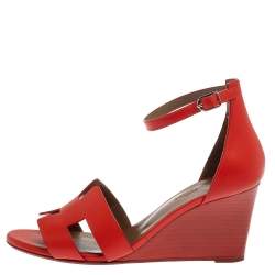 Pre Owned Hermes Red Leather Legend Ankle Strap Wedge Sandals Size 37