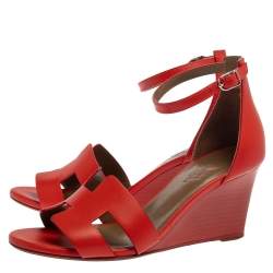 Pre Owned Hermes Red Leather Legend Ankle Strap Wedge Sandals Size 37