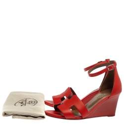 Pre Owned Hermes Red Leather Legend Ankle Strap Wedge Sandals Size 37