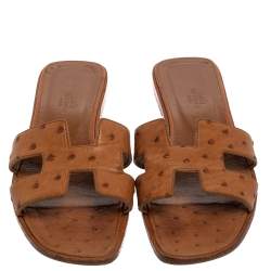 Pre Owned Hermes Brown Ostrich Leather Oran Flats Size 39