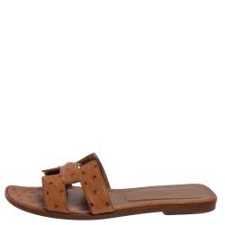 Pre Owned Hermes Brown Ostrich Leather Oran Flats Size 39