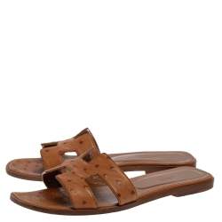Pre Owned Hermes Brown Ostrich Leather Oran Flats Size 39