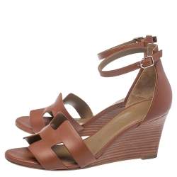 Pre Owned Hermes Brown Leather Legend Ankle Strap Wedge Sandals Size 37