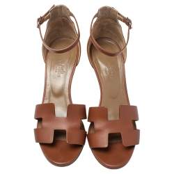 Pre Owned Hermes Brown Leather Legend Ankle Strap Wedge Sandals Size 37