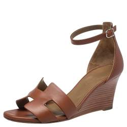 Pre Owned Hermes Brown Leather Legend Ankle Strap Wedge Sandals Size 37