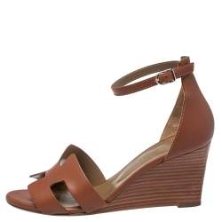 Pre Owned Hermes Brown Leather Legend Ankle Strap Wedge Sandals Size 37