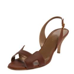Pre Owned Hermes Brown Leather Night Slingback Sandals Size 39.5